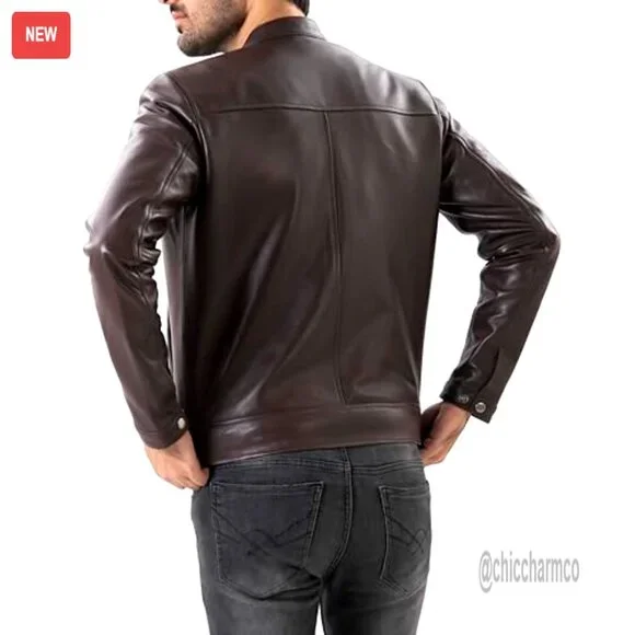 Men's Lambskin Leather Motorcycle Jacket Snap Tab Collar Quilted Lining